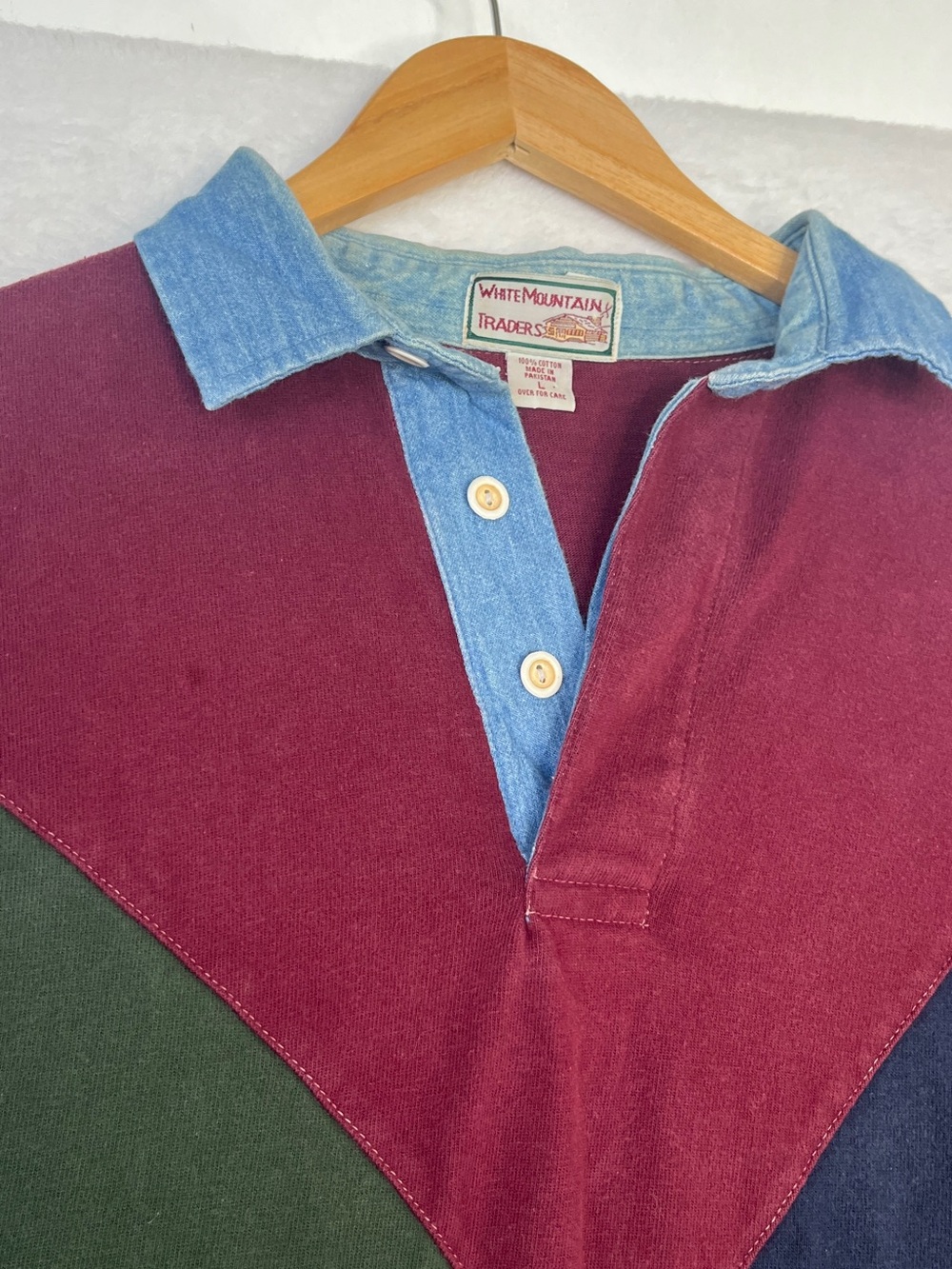 VTG White Mountain Traders Harlequin Multicolor Rugby Denim PoloShirt sz L 90s - Picture 3 of 11